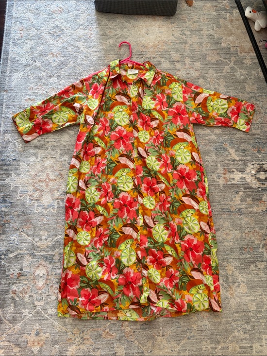 Dress Forum Dresses & Skirts - Dress Forum Tropical Floral/ Fruit Midi Dress in Red, Green & Orange